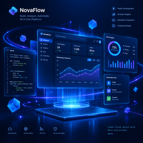 Promotional graphic for NovaFlow software platform with a glowing futuristic desktop monitor setup, floating UI panels, charts, and feature callouts on a dark blue background. Visible text includes NovaFlow branding and marketing claims such as faster development, smarter insights, seamless integration, and enterprise ready.